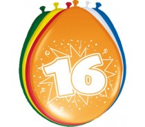 Gekleurde Leeftijdsballon: 16 Jaar 8 st